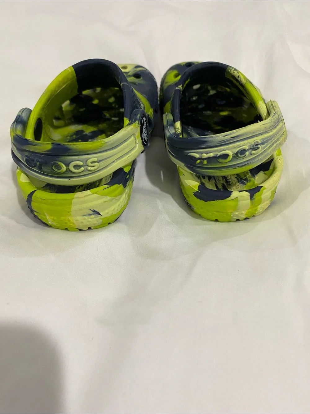 Baby Size 4 Neon Yellow/Green & Navy Tie Dye Crocs